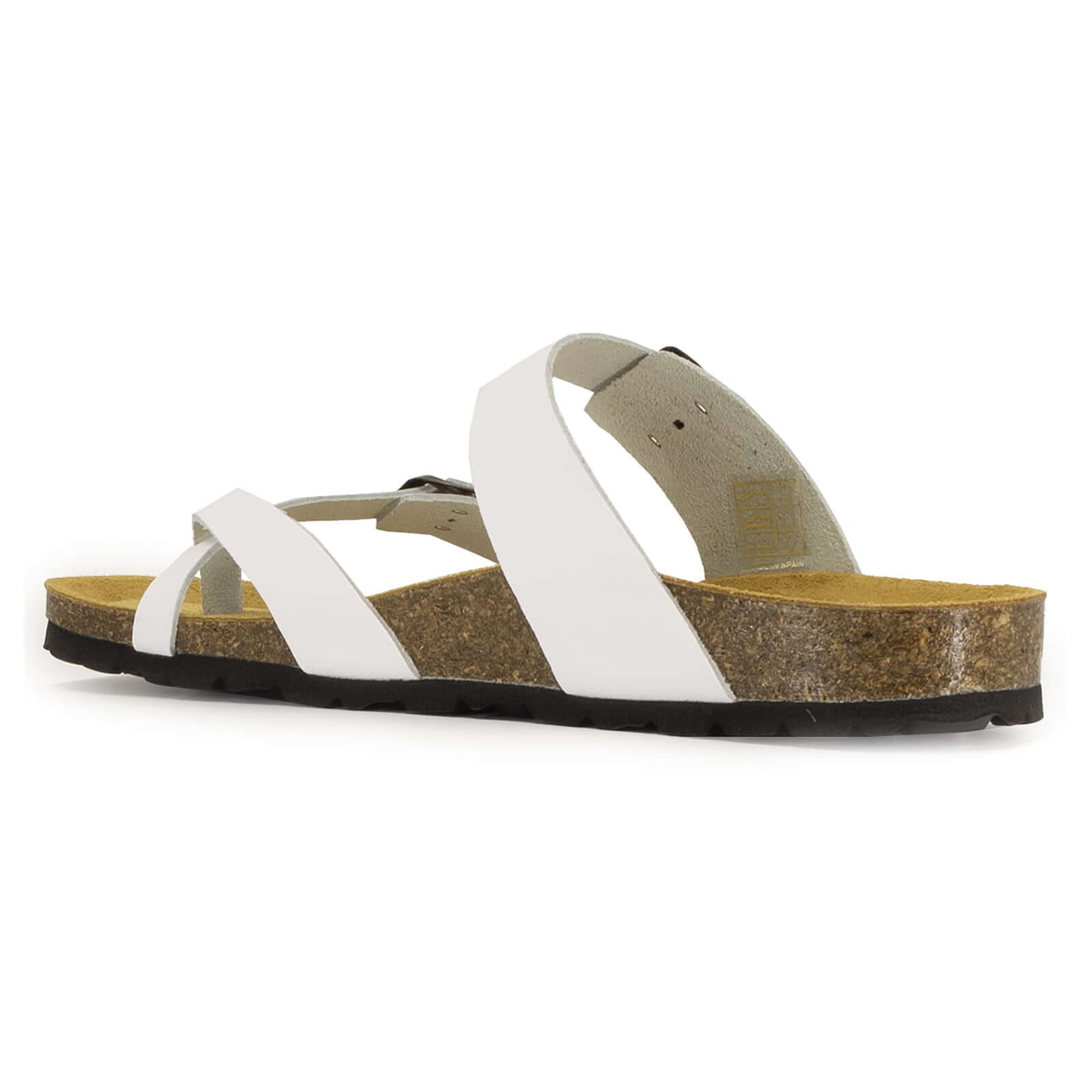angled view of the savannah 2 white sandals showing cork footbed and leather upper