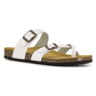 outside angled view of savannah 2 sandals in white showing buckle detailing and cork footbed