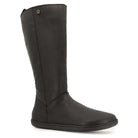 front view of black barefoot boots showing leather upper on white background