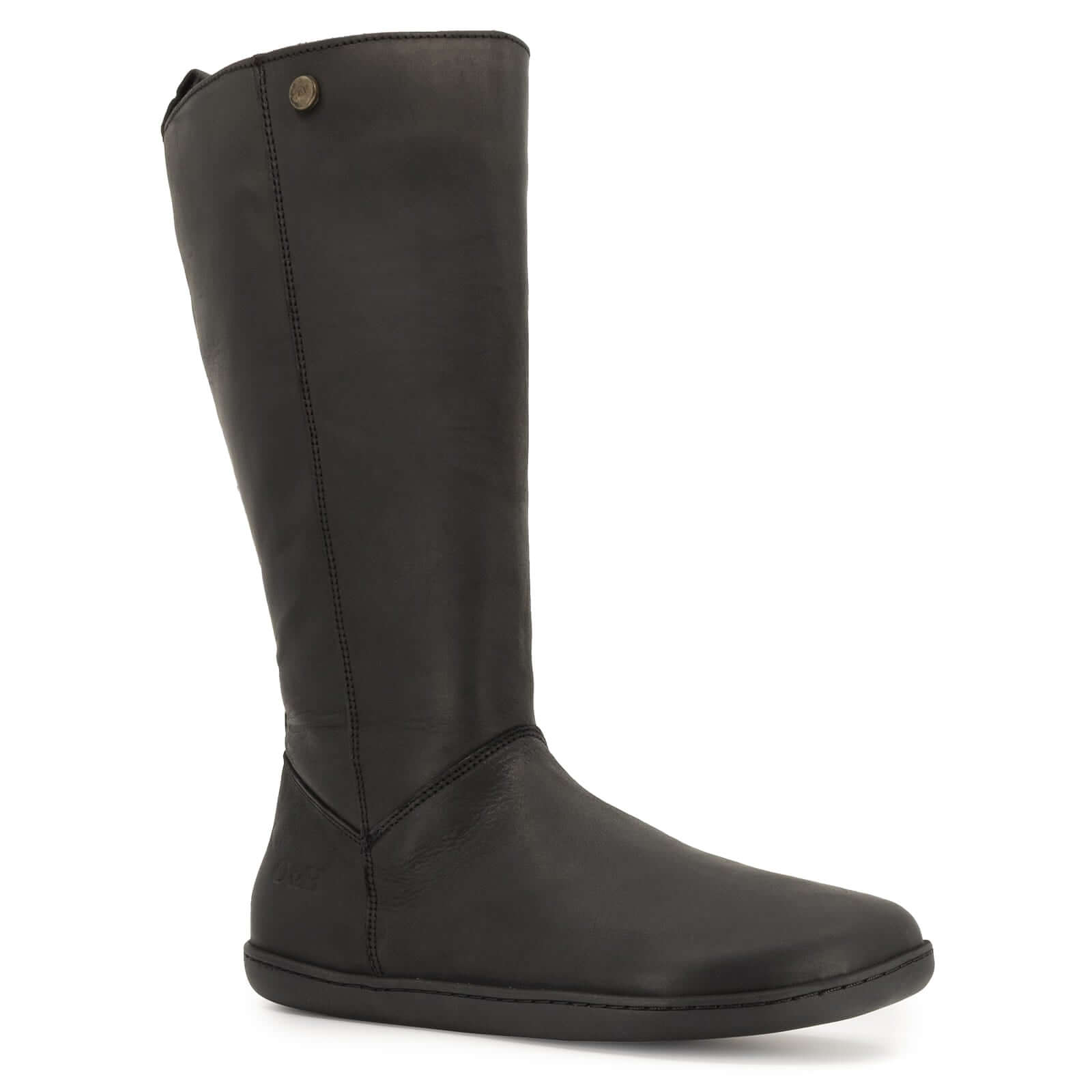 front view of black barefoot boots showing leather upper on white background