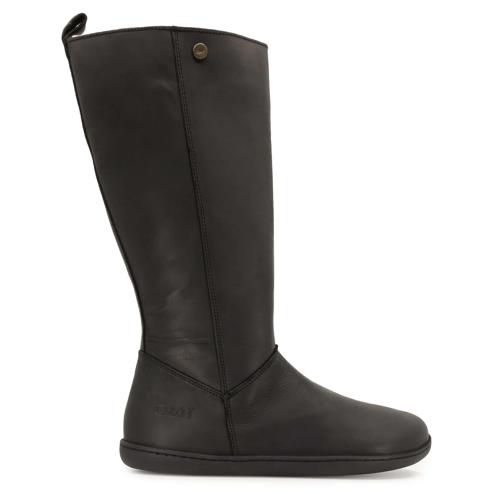 side view of tall black barefoot boot on white background