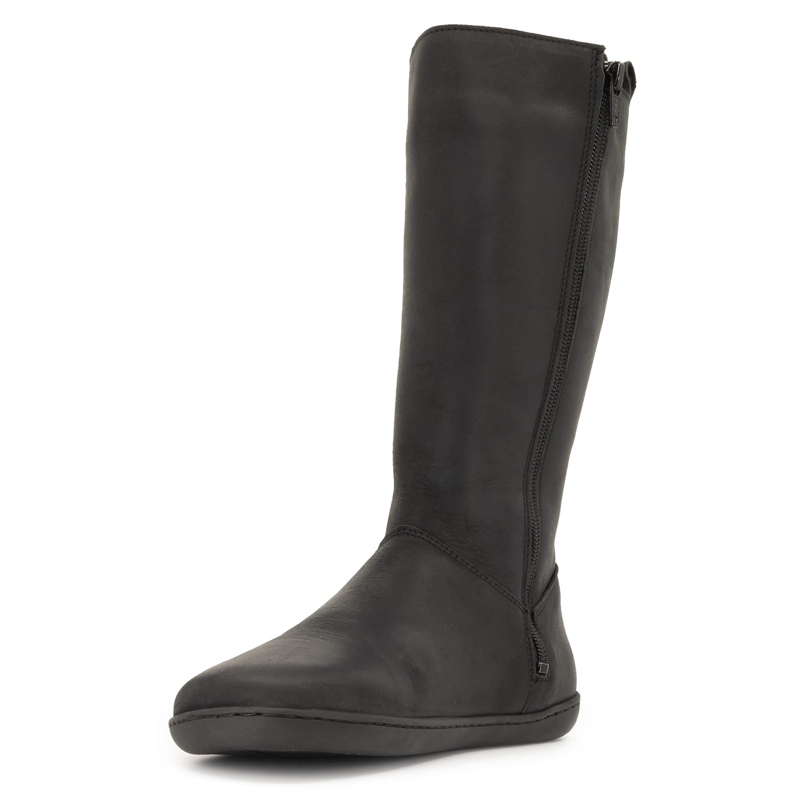 view of black leather barefoot boots showing inside zip on white background