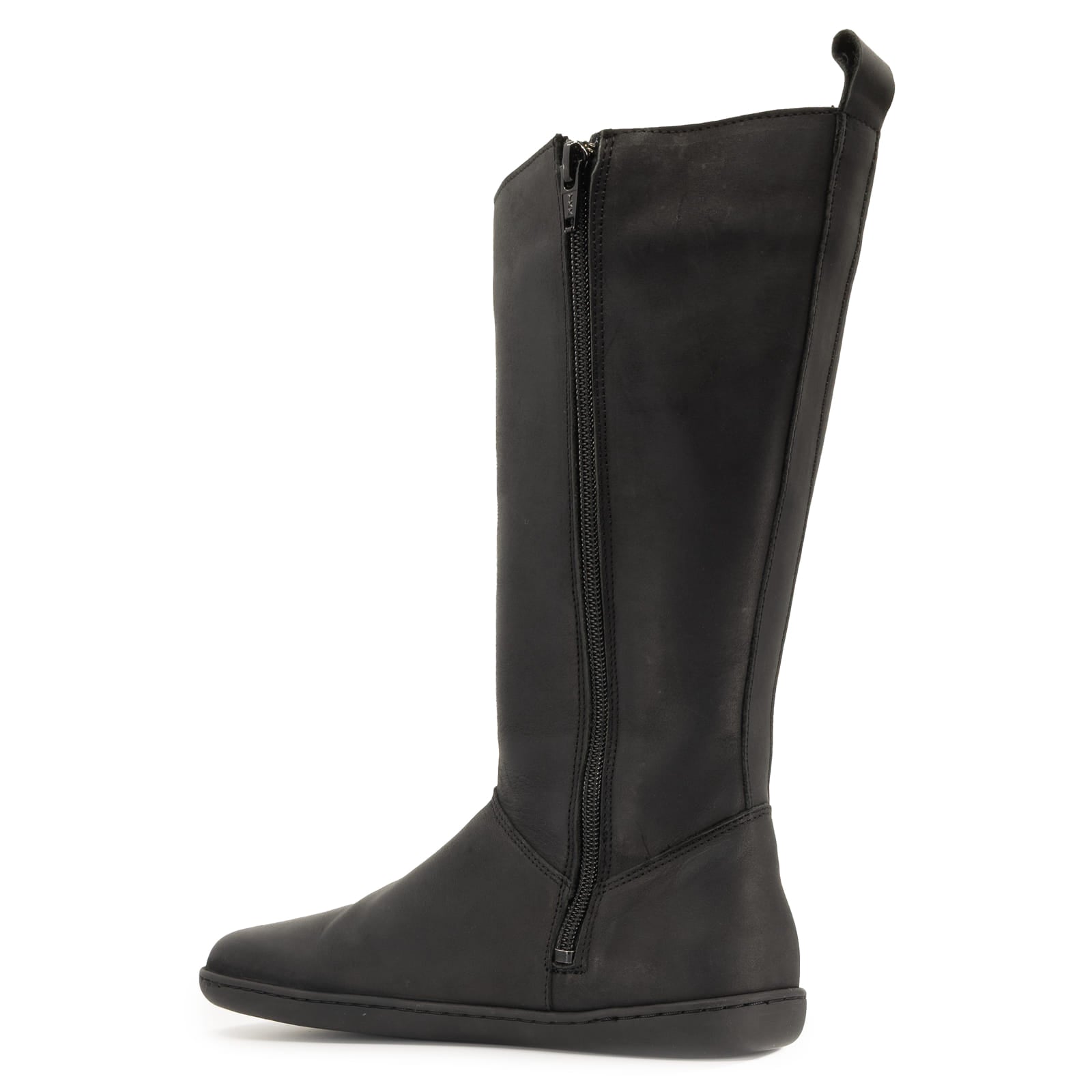 inside zip on black barefoot boots showing pull tab on white background