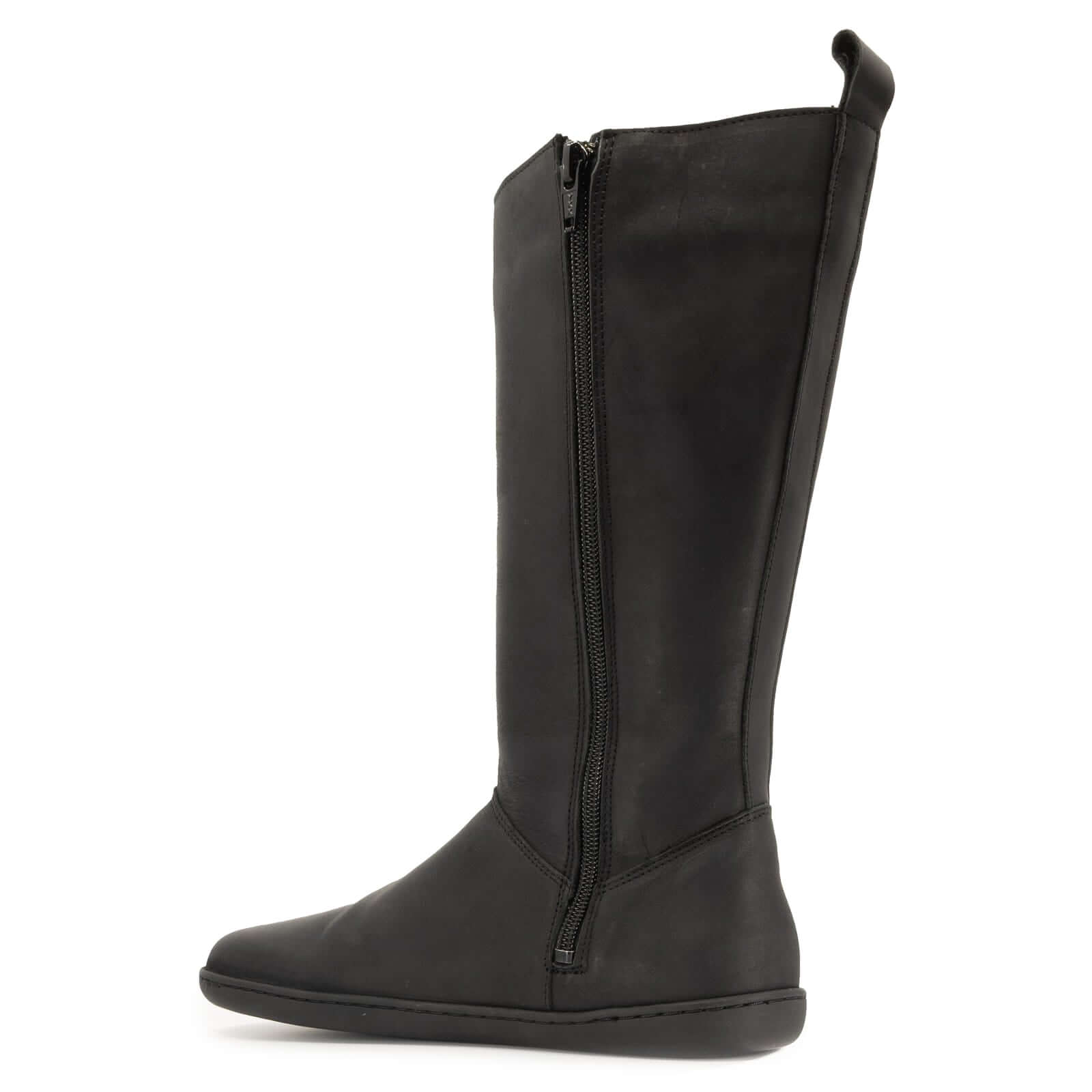 inside zip on black barefoot boots showing pull tab on white background