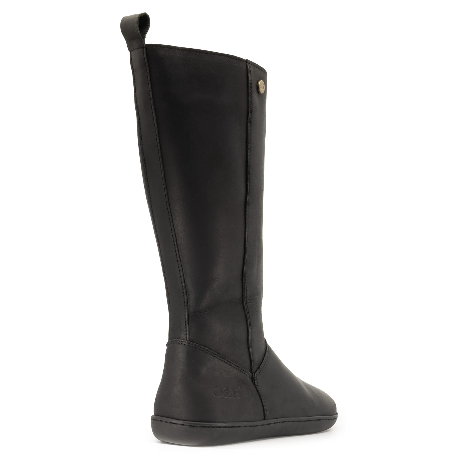 view of heel of black barefoot boots showing O&H logo and heel pull tab