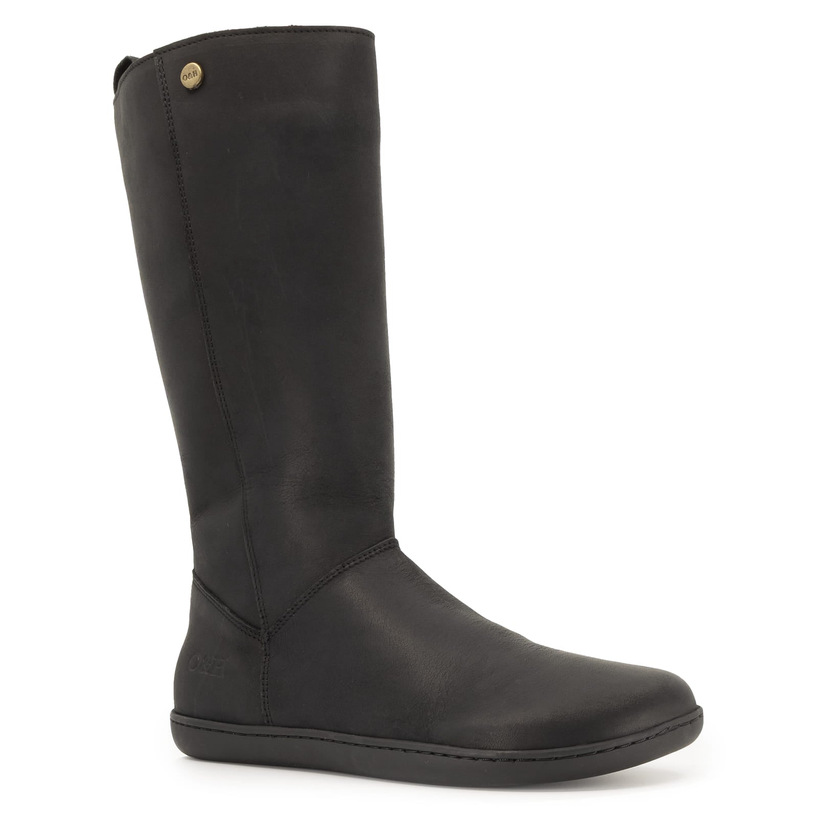 angled side view of black barefoot boots with leather upper on white background