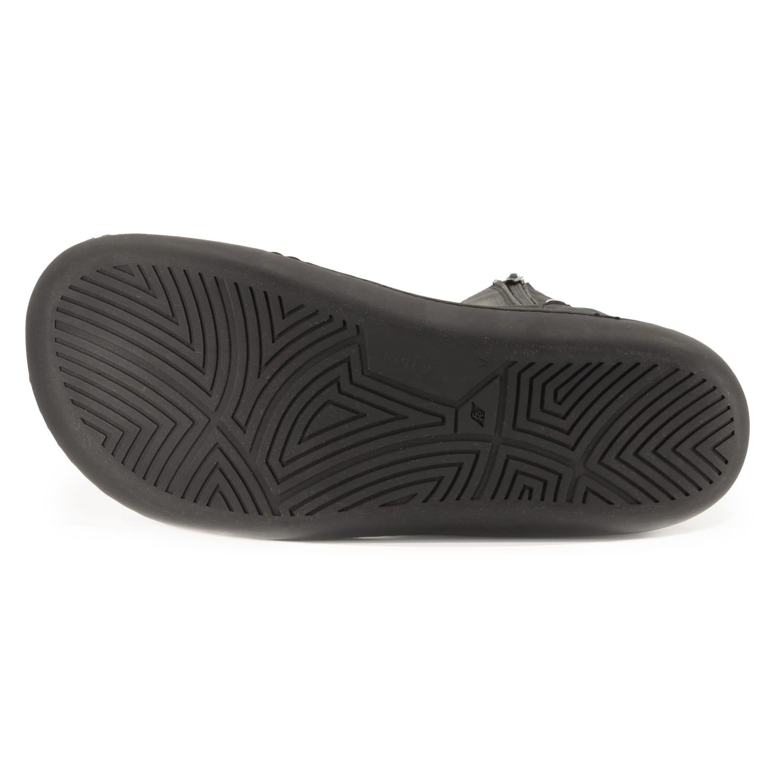 zero drop outsole of black barefoot boots on a white background