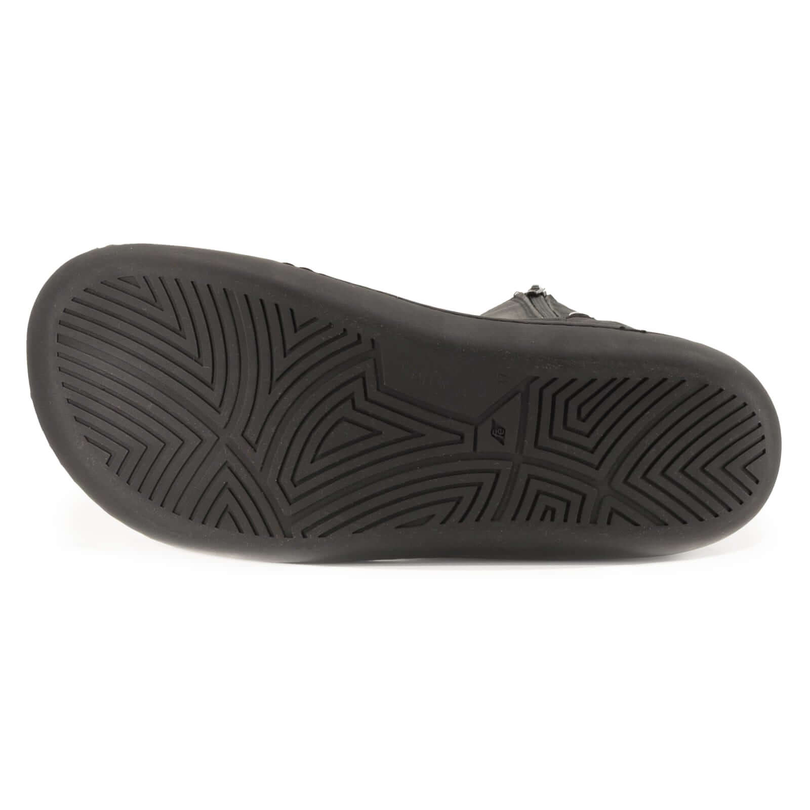 zero drop outsole of black barefoot boots on a white background
