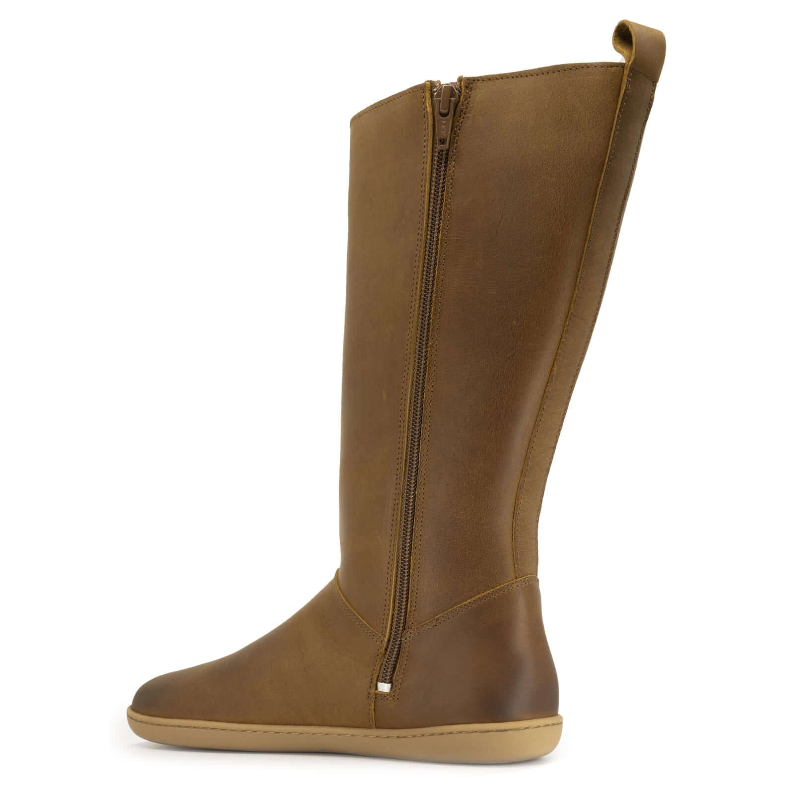 tan barefoot boots with inside zip and heel pull tab detail on white background