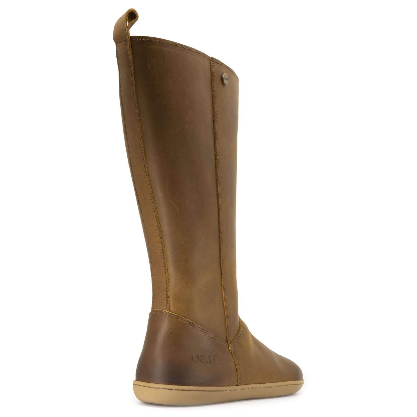 mid calf tan brown barefoot boots showing leather panel detailing on white background