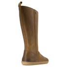 mid calf tan brown barefoot boots showing leather panel detailing on white background