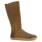 angled view of brown leather barefoot boots showing upper details and gum outsole