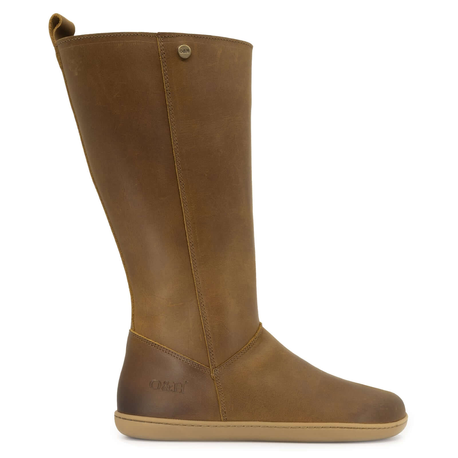 tan leather barefoot boots showing heel logo and brass pin detail on white background