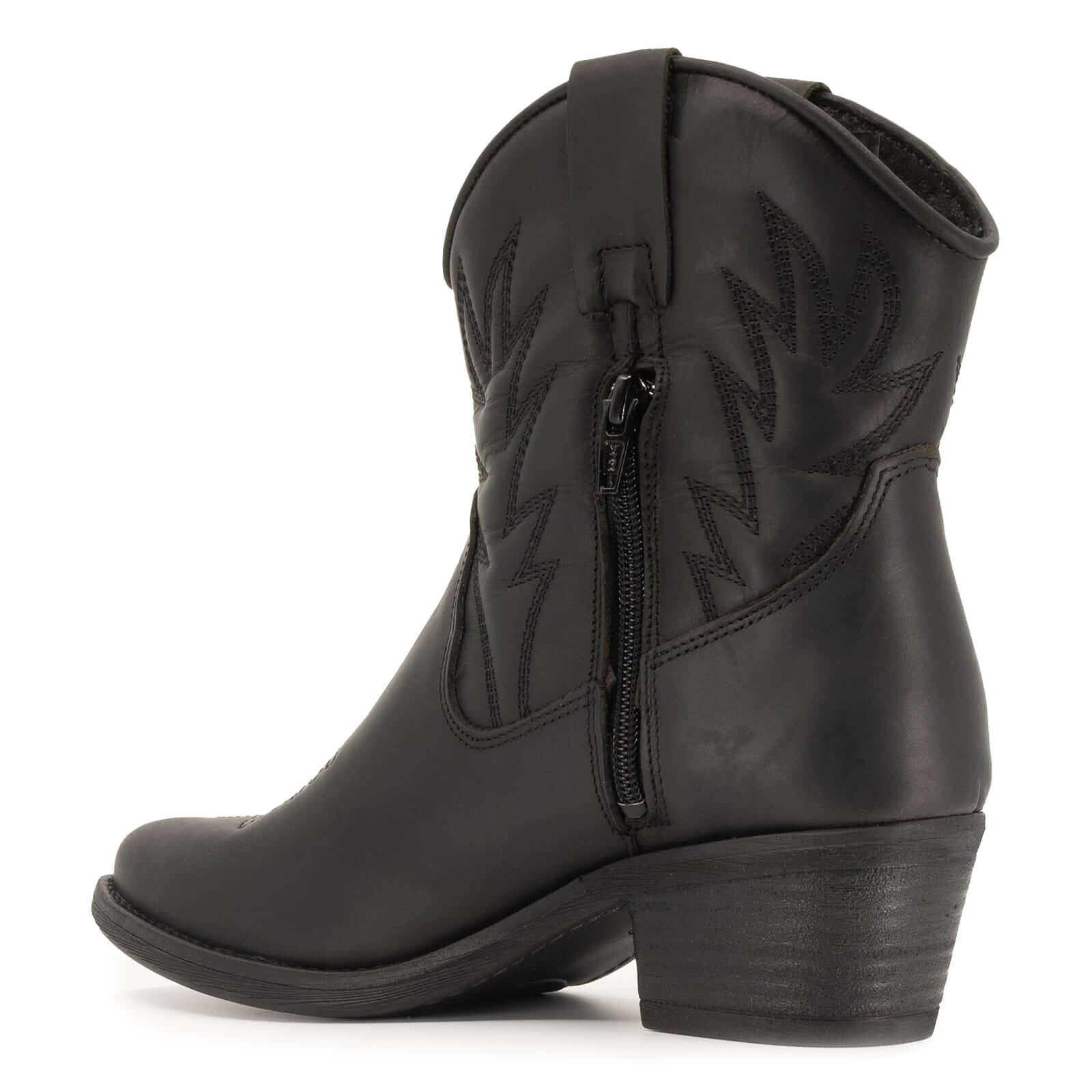 inside zip on black cowboy boots with block heel on white background