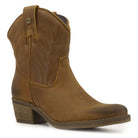 view of texan ankle boots in tan from the side showing toe and stitching