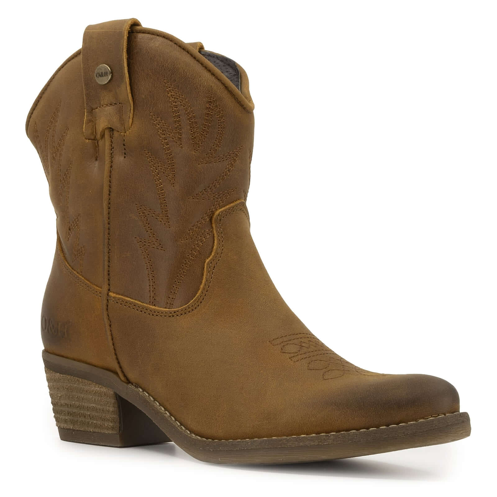 view of texan ankle boots in tan from the side showing toe and stitching