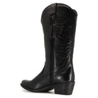 inside angle of texan hi cowboy boots in black showing block heel and stitching