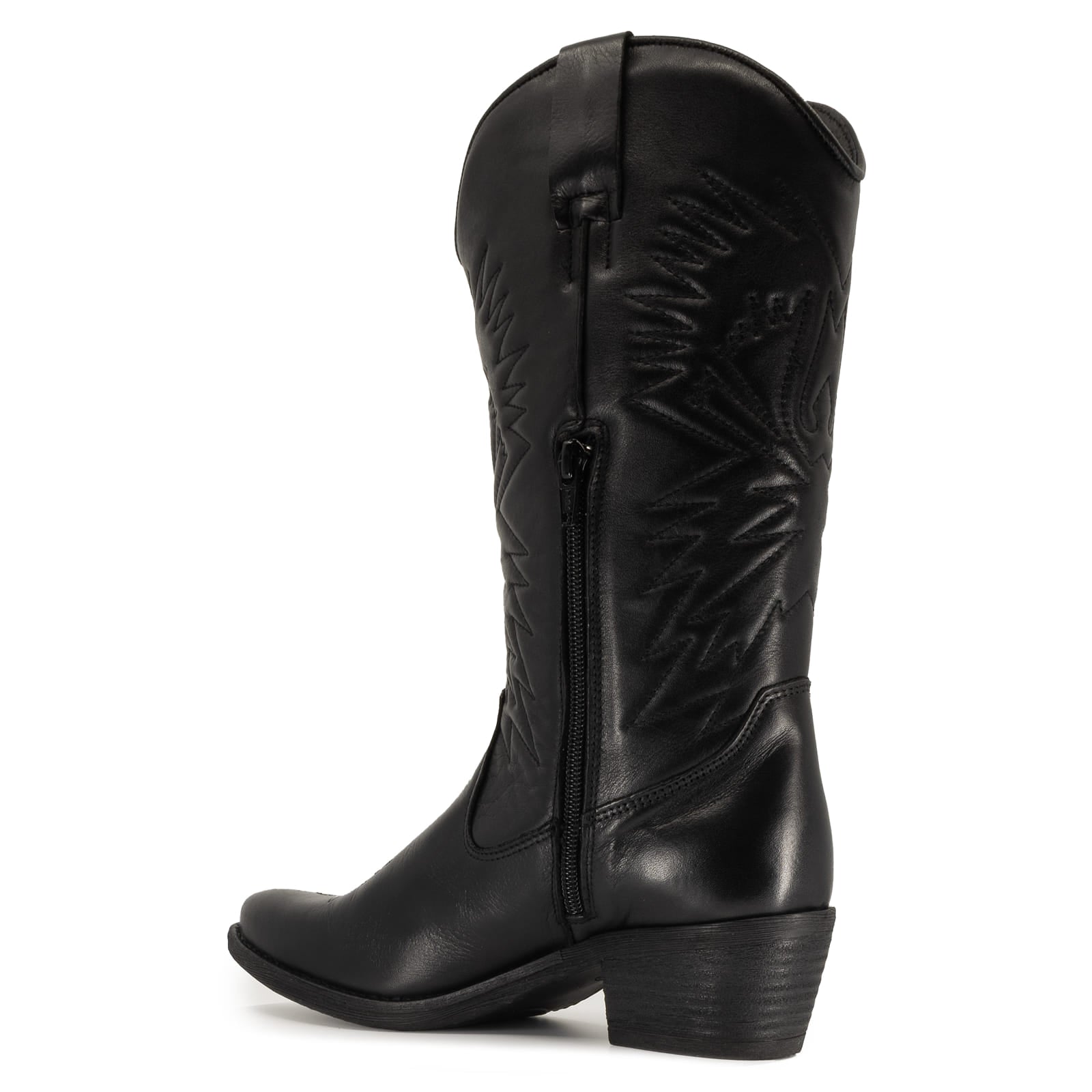 inside angle of texan hi cowboy boots in black showing block heel and stitching