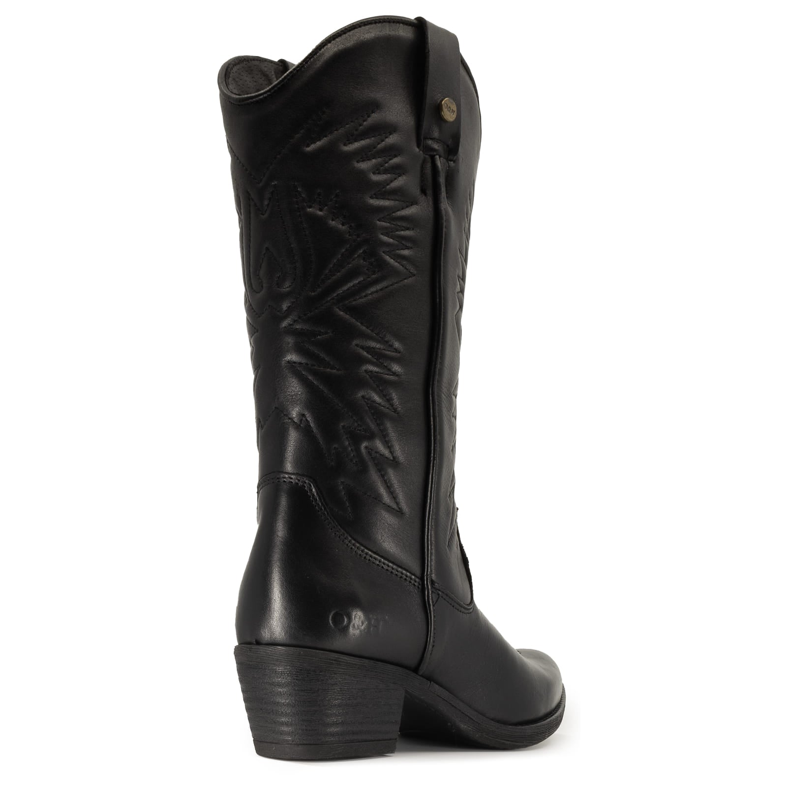 rear view of texan hi cowboy boots in black showing block heel detail and O&H branding