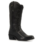 angled view of texan hi boots in black showing pointed toe and stitch detailing
