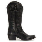 side view of texan hi cowboy boots showing stitch detail and black leather upper