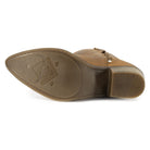 Brown leather cowboy boots showing sole and block heel detail