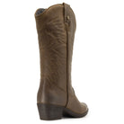 rear view of texan hi cowboy boots in brown showing block heel and O&H branding