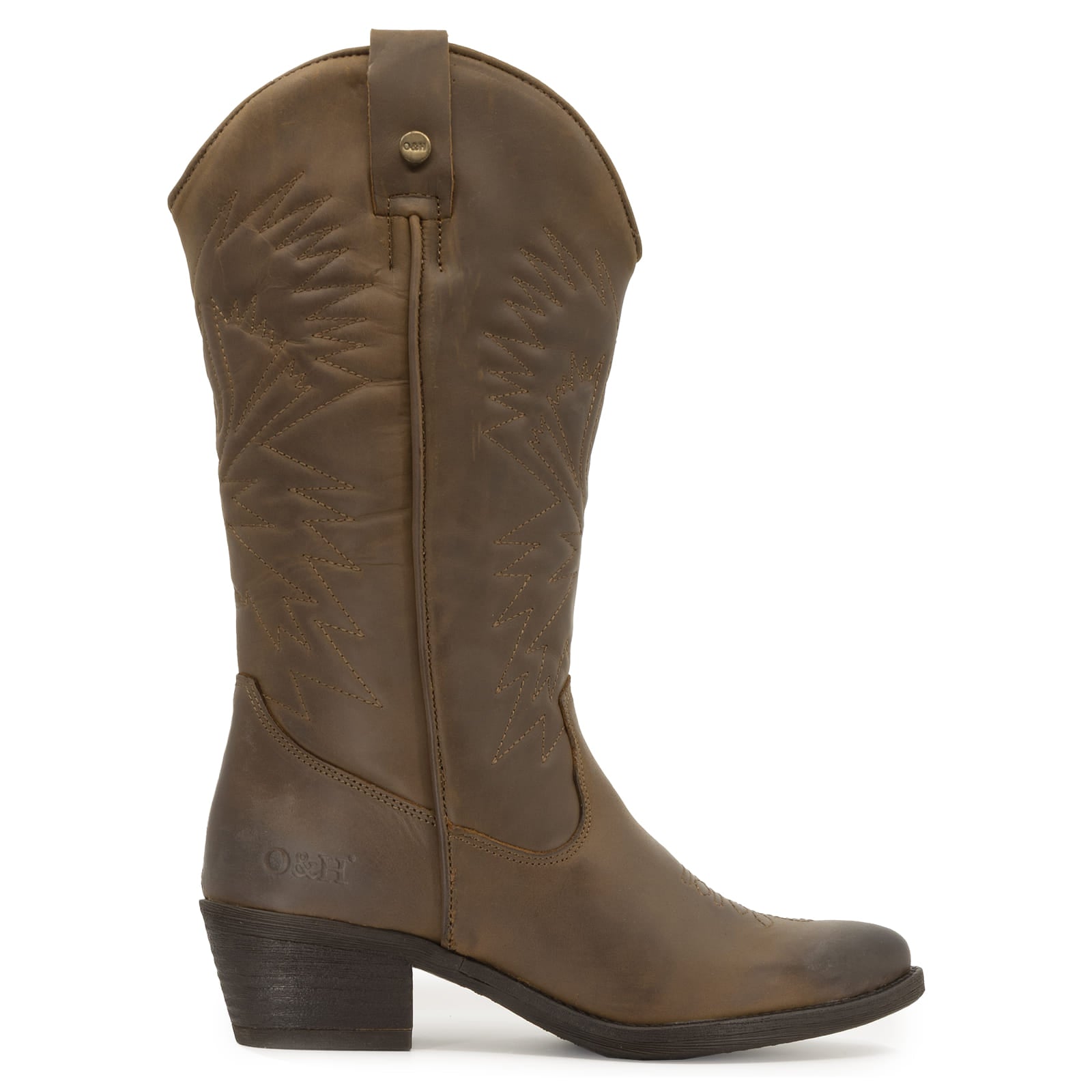 side view of texan hi cowboy boots in brown showing branding and stitch detail
