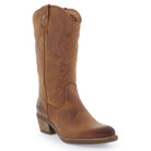 Brown leather cowboy boot with stitched detailing and block heel