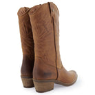 Rear view of brown leather cowboy boots with stitched detailing and block heel