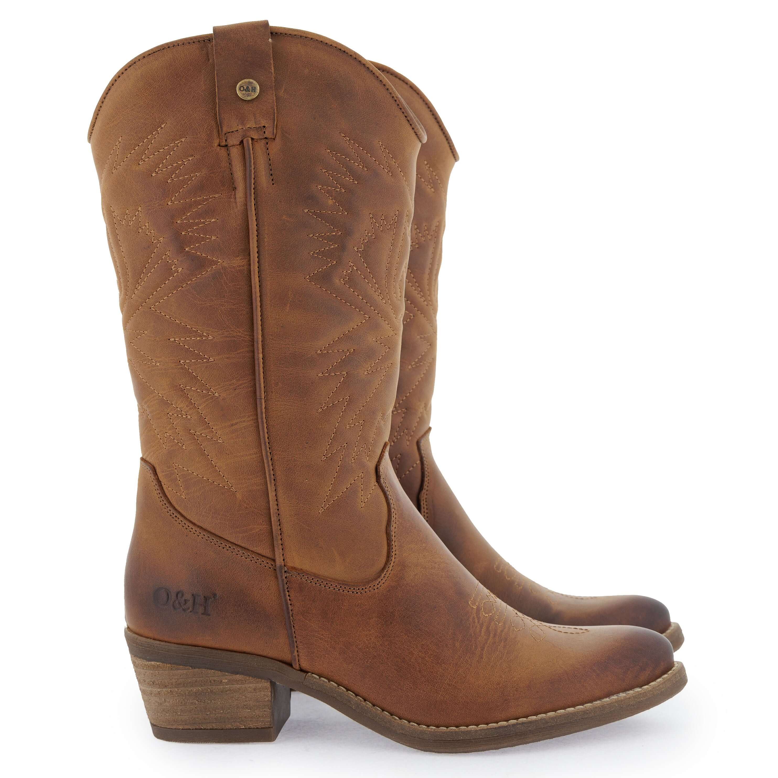 Side view of brown leather cowboy boots with stitched detailing and block heel