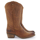 Side view of brown leather cowboy boots with stitched detailing and block heel