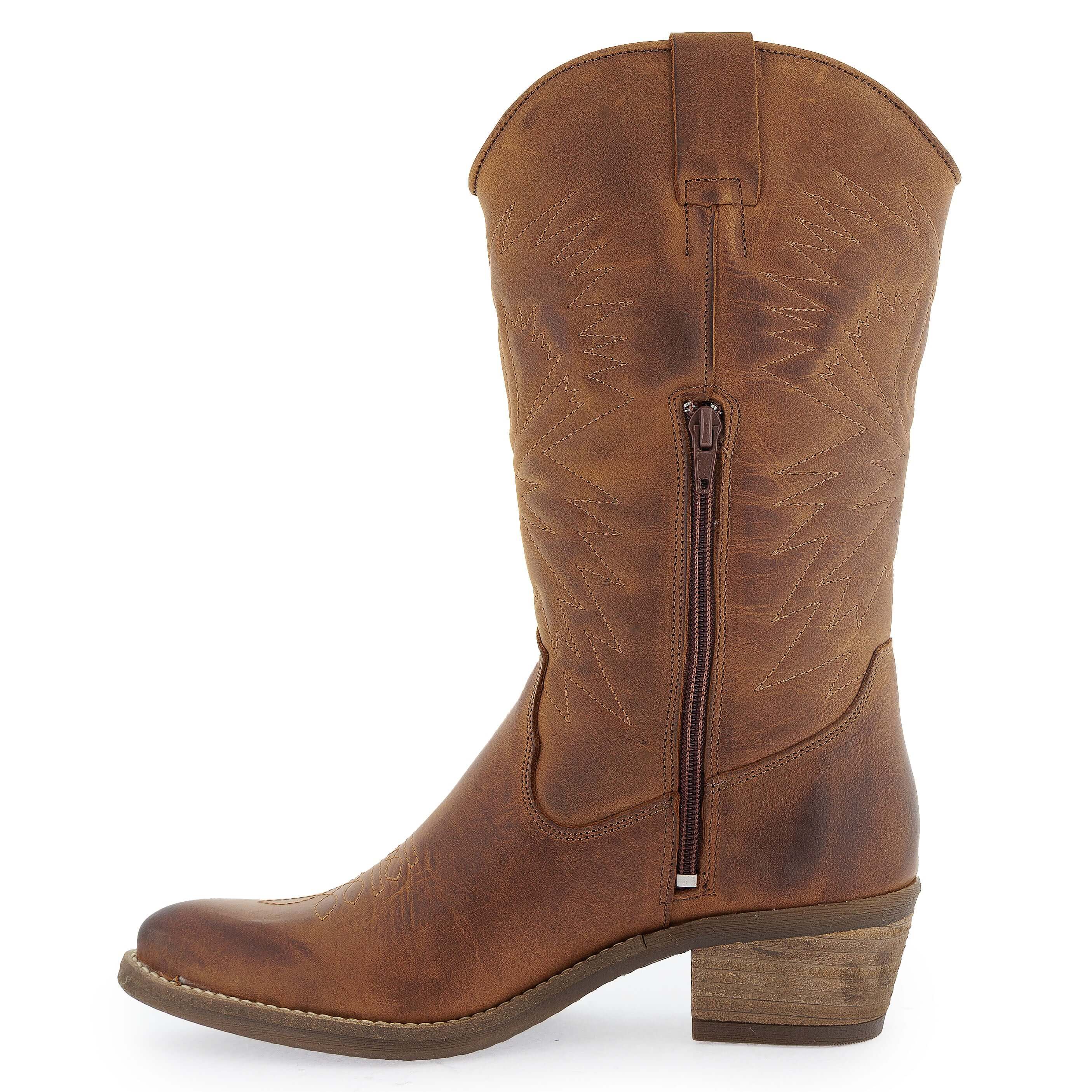 Brown leather cowboy boot side profile with stitched detailing and zip