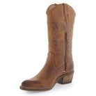 Brown leather cowboy boot with stitched detailing, zip, and block heel