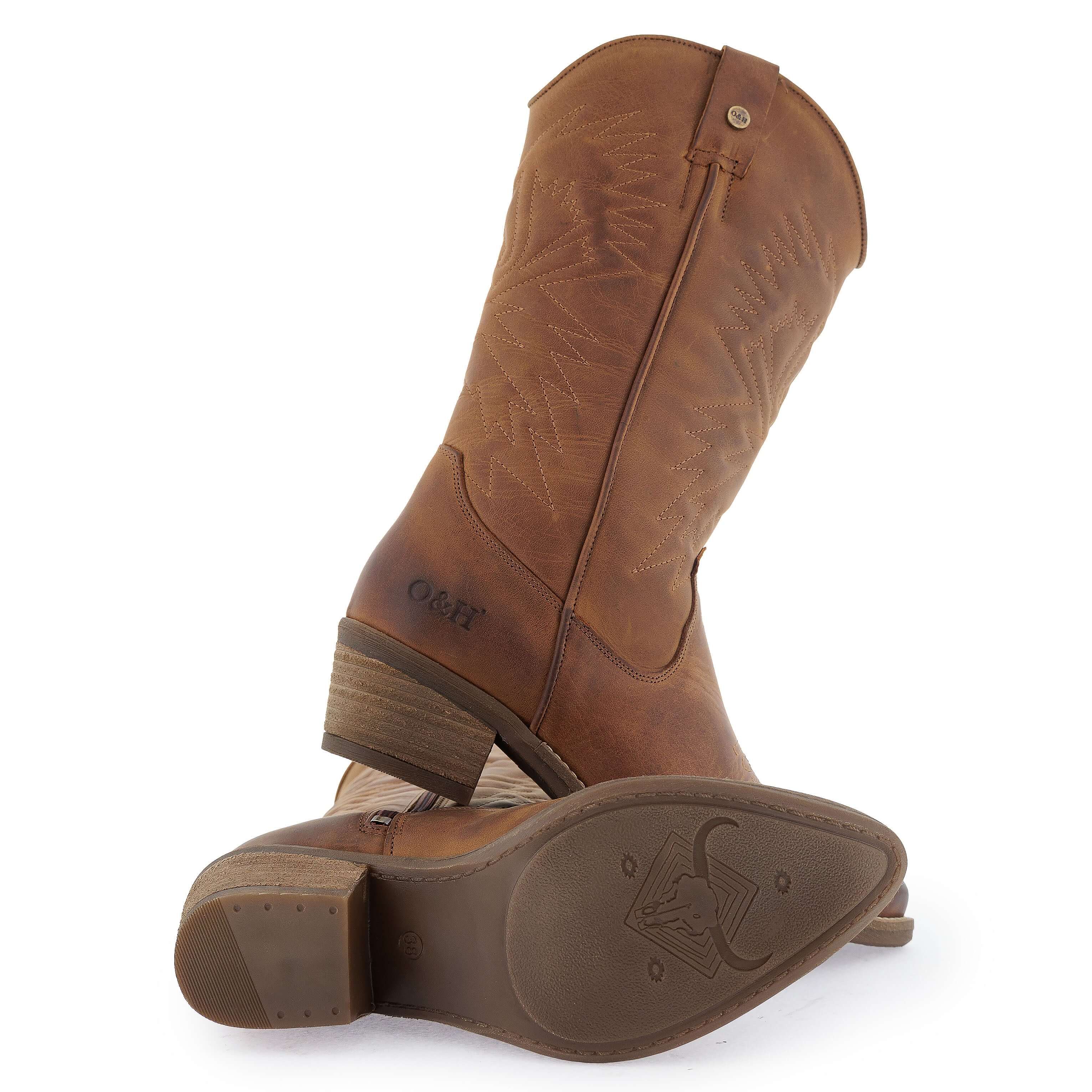 Brown leather cowboy boots showing sole and block heel detail