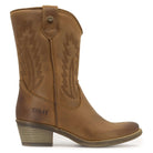 side on angle of texan lo cowboy boots in tan showing branding and stitch detail