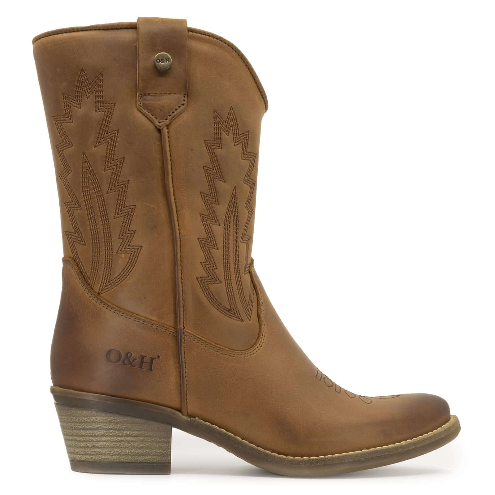 side on angle of texan lo cowboy boots in tan showing branding and stitch detail