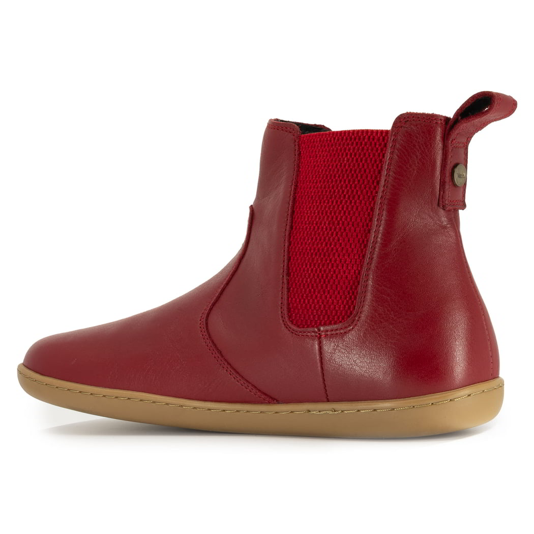 inside angled view of willow 2 barefoot boots in red showing heel pull tab and elastic gussets