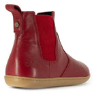 heel view of willow 2 red barefoot boots showing O&H brass pin and branding