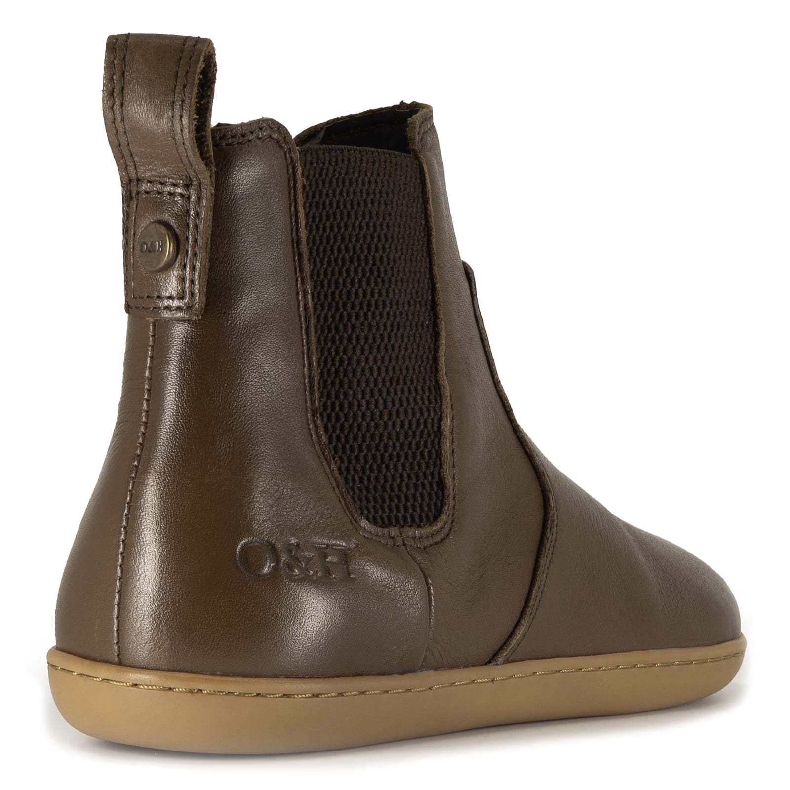 brown barefoot chelsea boot on a white bacground showing O&H branding