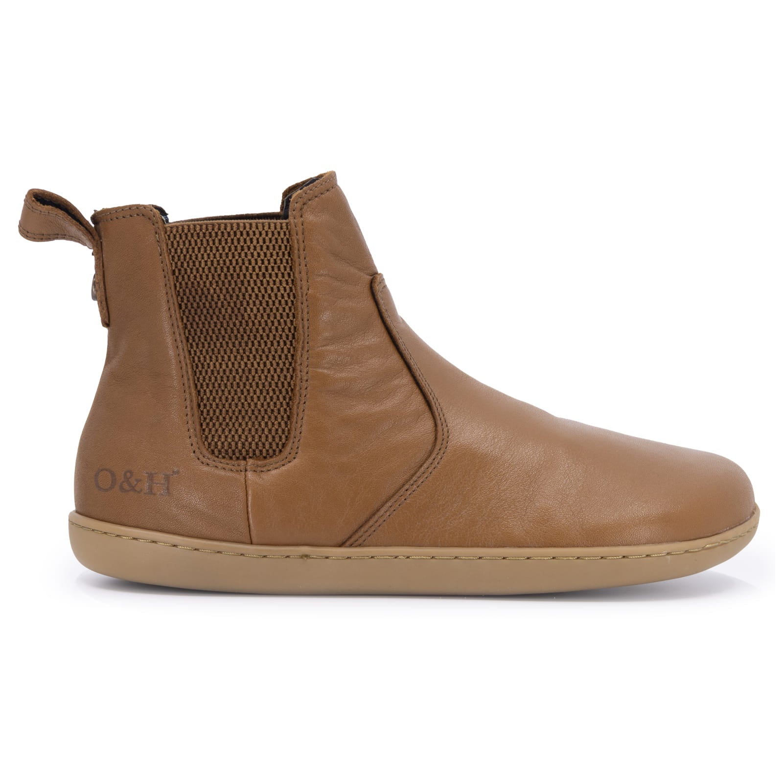 side on image of tan barefoot chelsea boots showing O&H embossed logo on heel