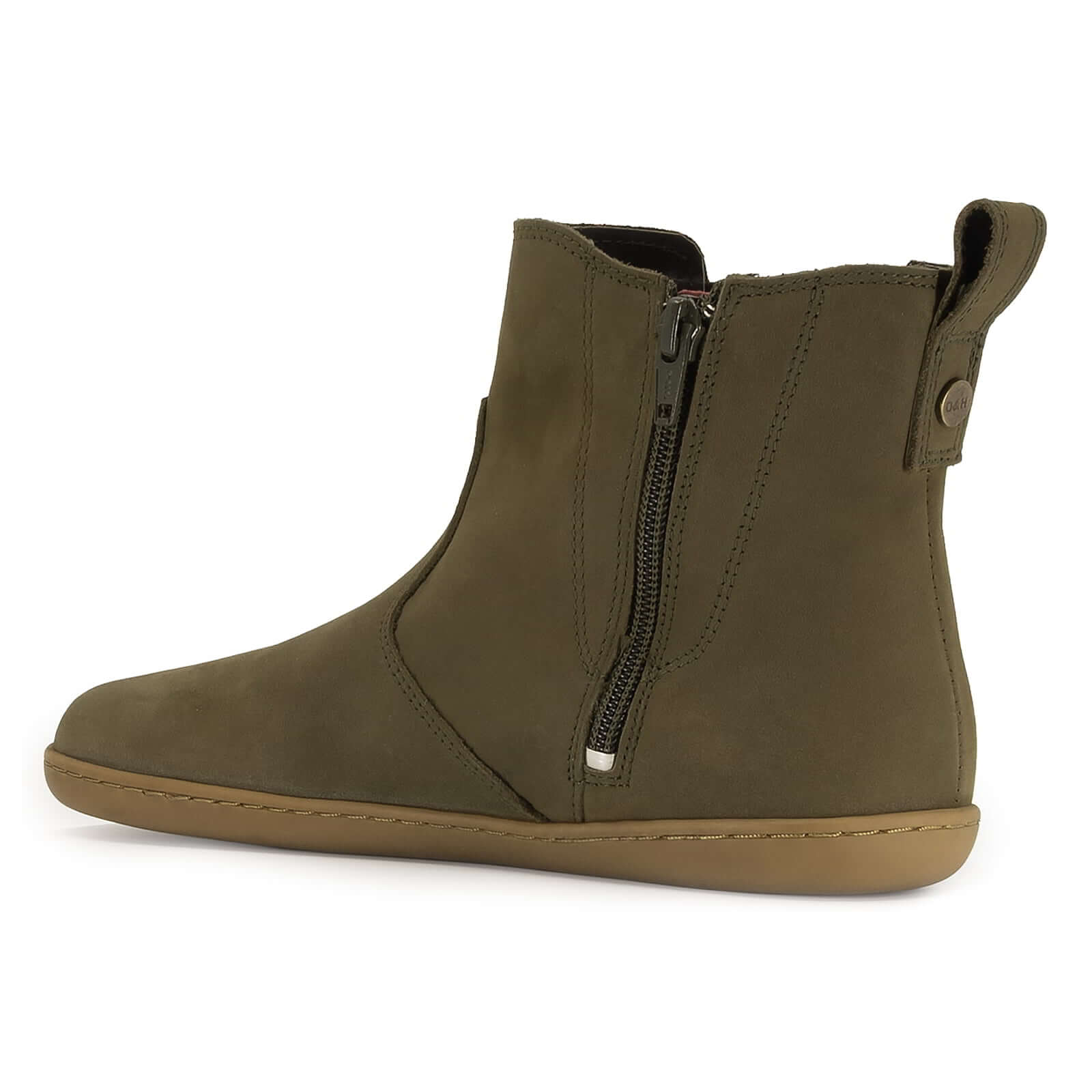 inside angled view of green willow zip barefoot boots showing zip detail