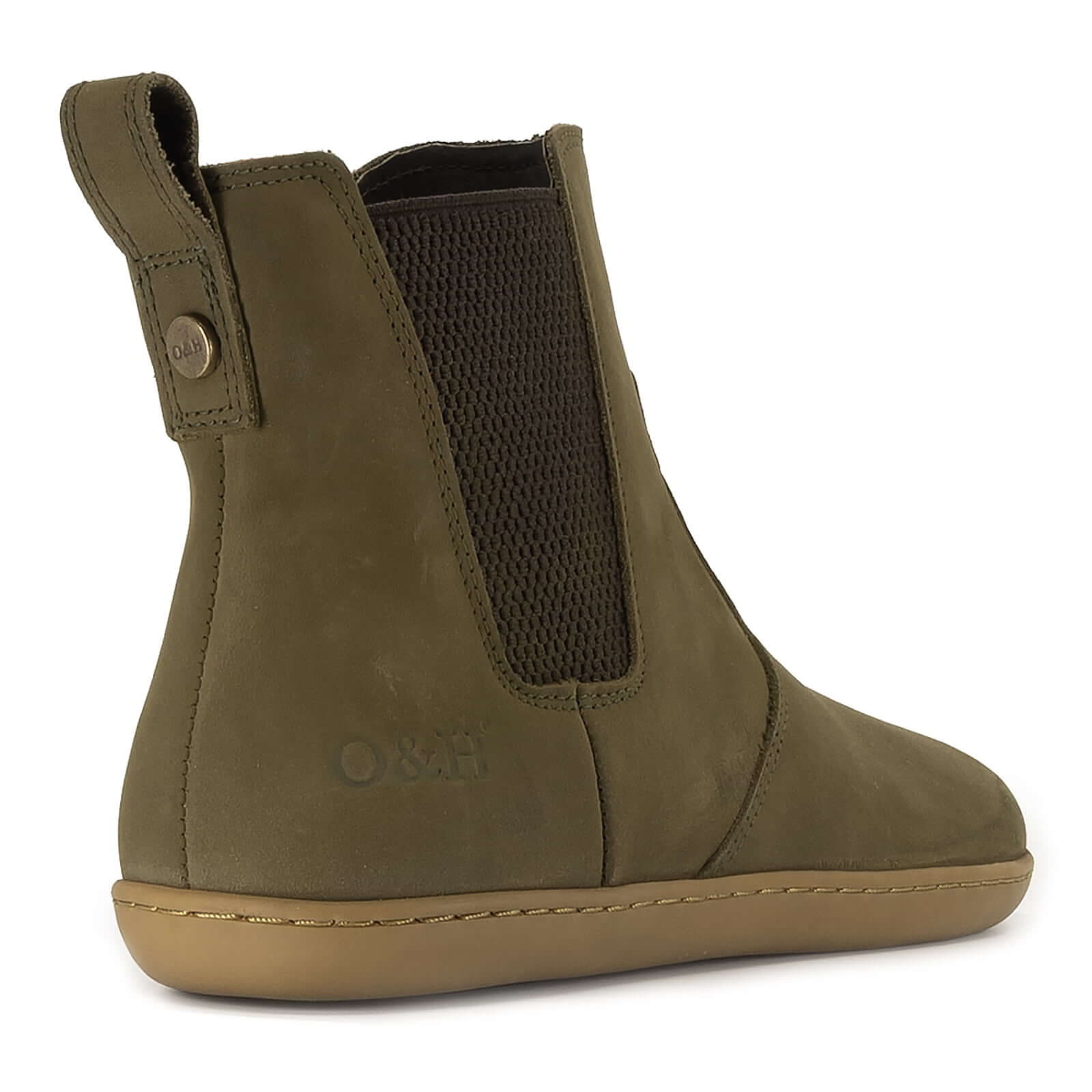heel view of green willow zip barefoot boots showing O&H branding and brass pin details