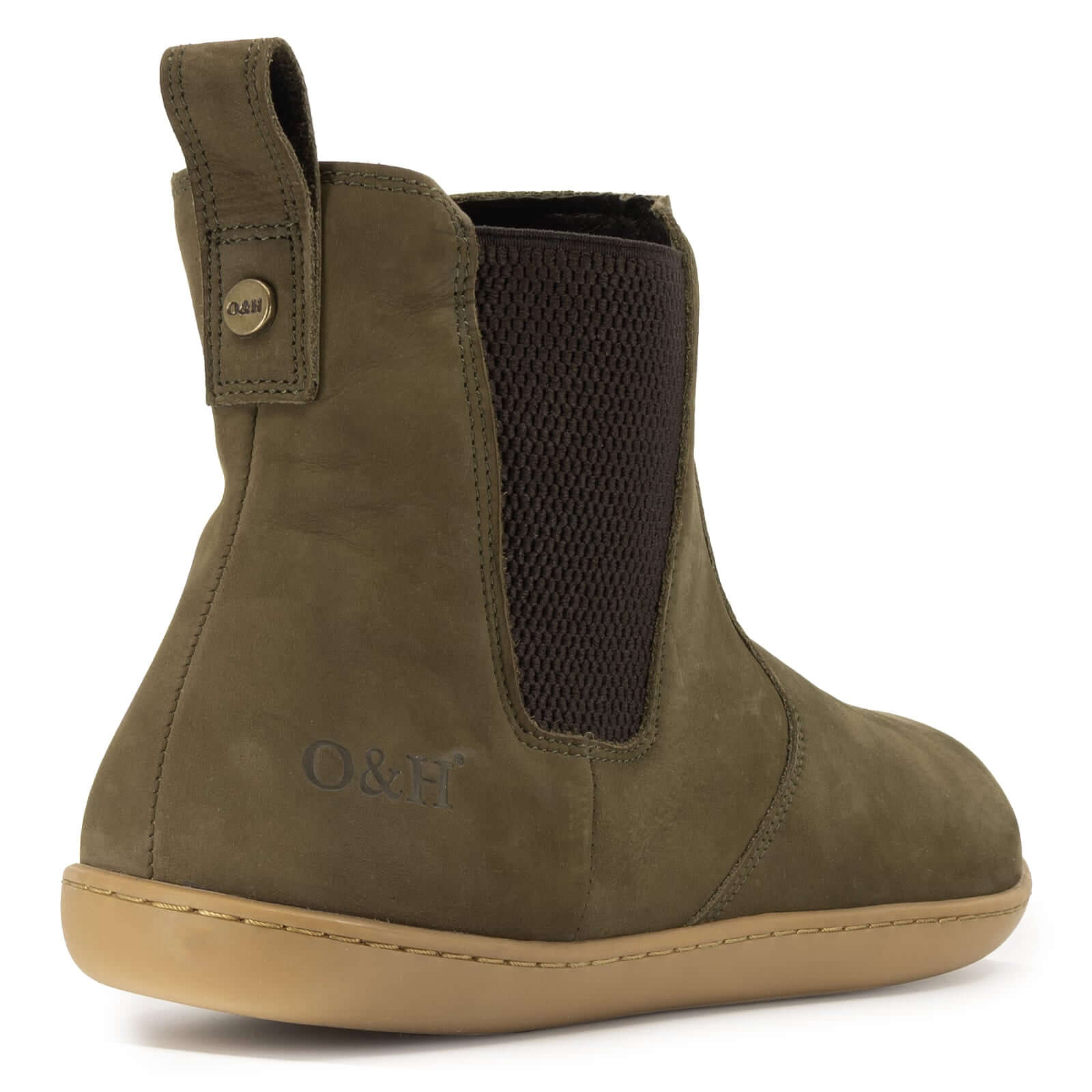 heel view of green willow zip barefoot boots showing O&H branding and brass pin details