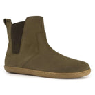 angled side view of green willow zip barefoot Chelsea boots showing elastic side gusset
