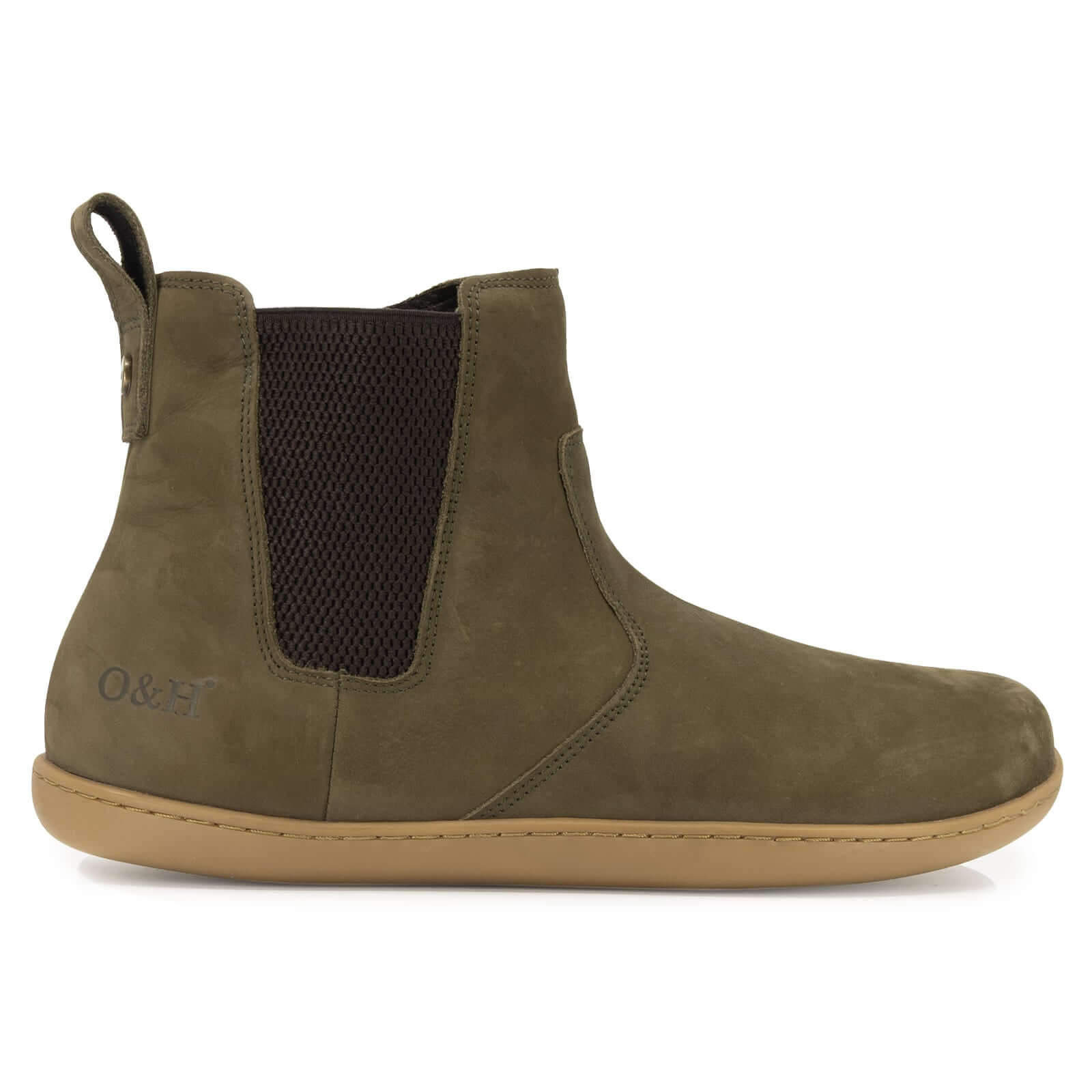side profile view of green willow zip barefoot boots showing nubuck upper
