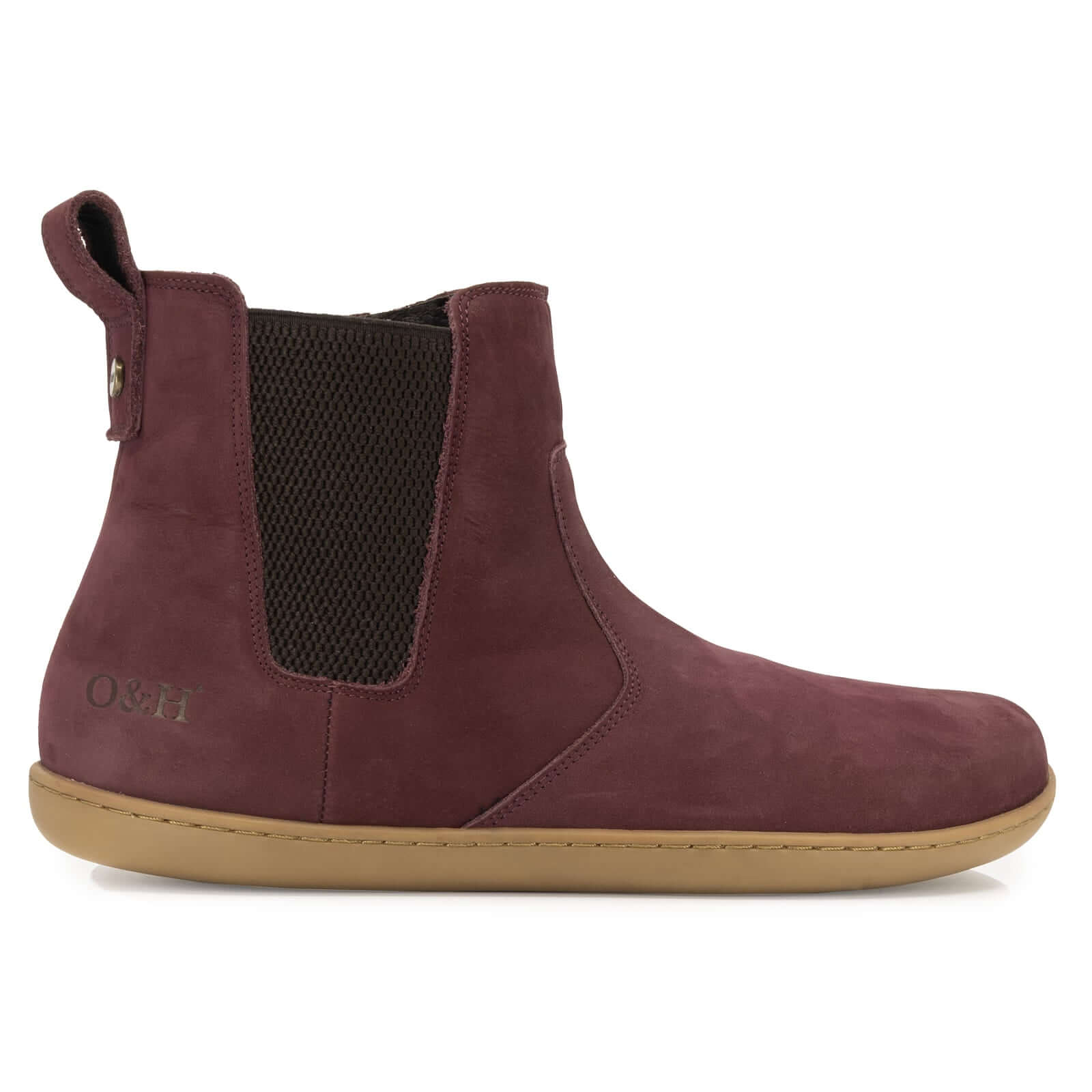side profile view of willow zip barefoot boots in wine showing nubuck leather upper