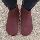 birds eye view of toe box shape of willow zip barefoot chelsea boots in wine