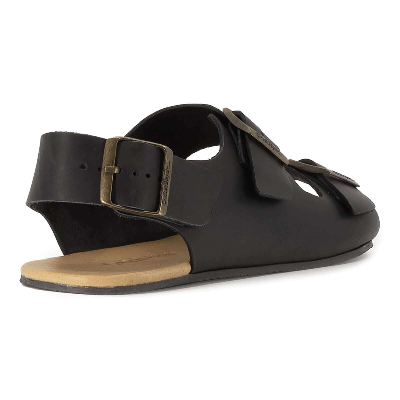 rear angle view of black oak & hyde wisteria barefoot sandals showing heel strap and natural footbed shape