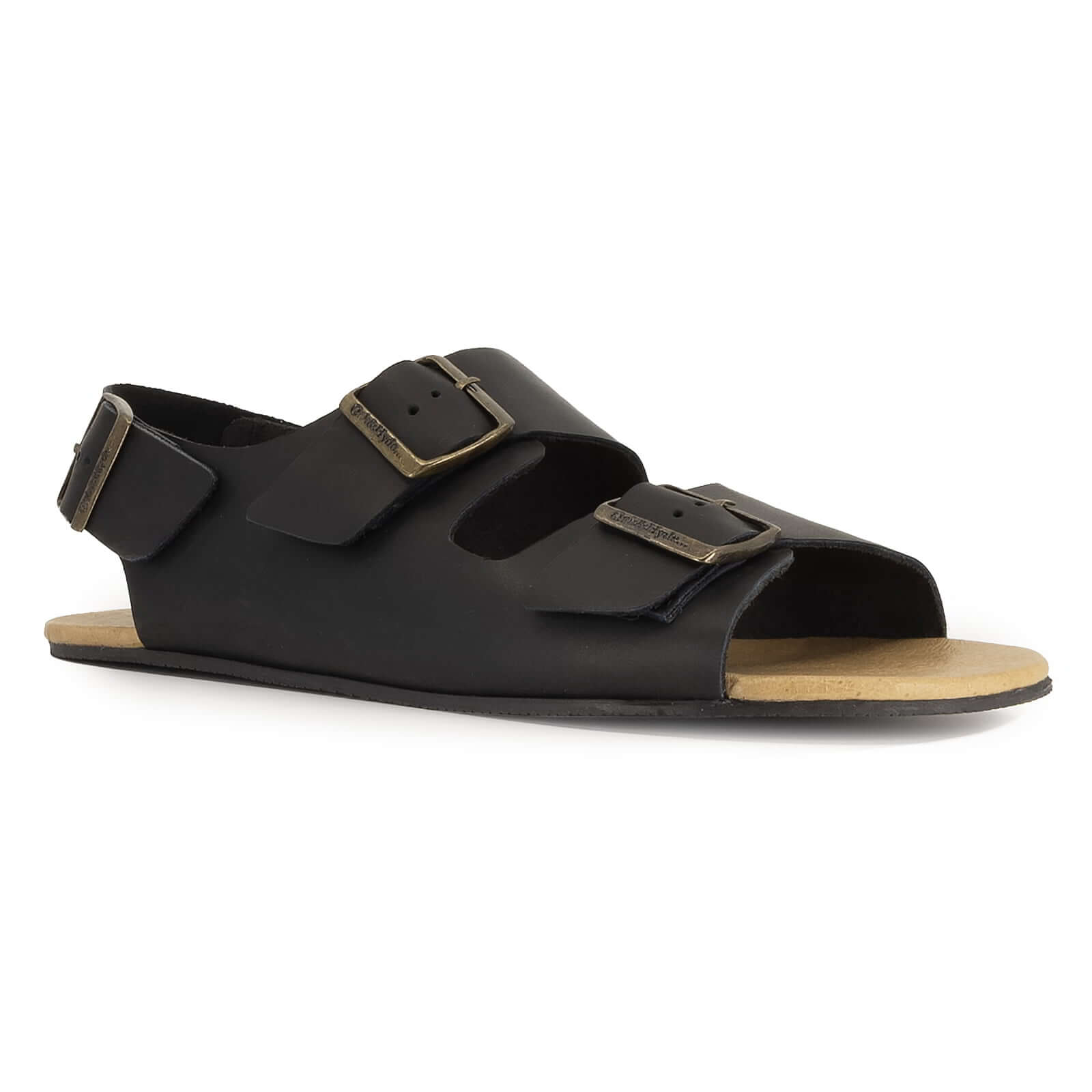 angled front view of black oak & hyde wisteria barefoot sandals showing wide toe shape and adjustable strap fastening